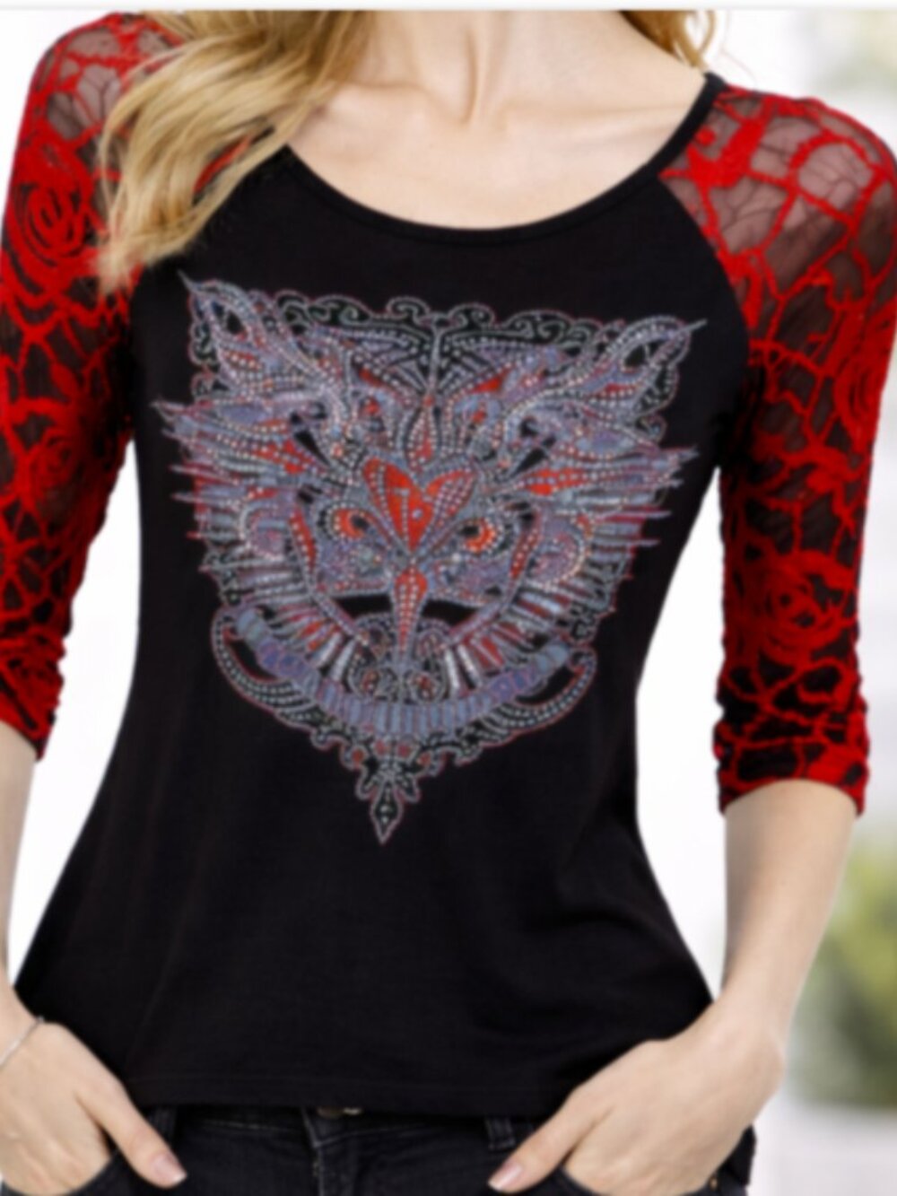 Harley Davidson Women's Black Top Red Shirt Lace Rhinestone Stretch 3/4 Sleeve S